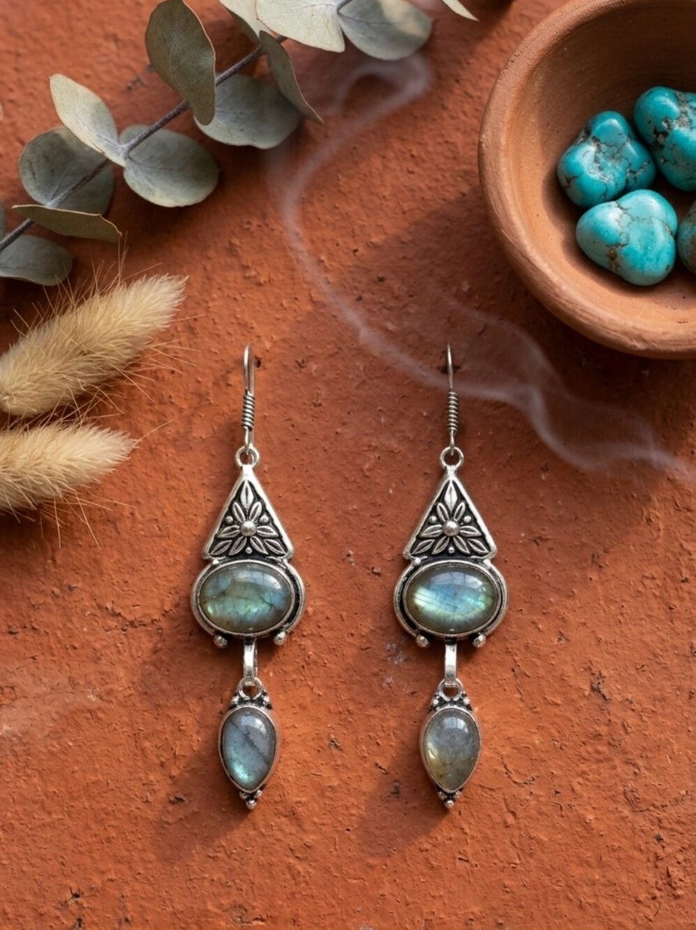 925 Sterling Silver Genuine Labradorite Artisan Handcrafted Dangle Earrings 2.7" - Picture 14 of 16
